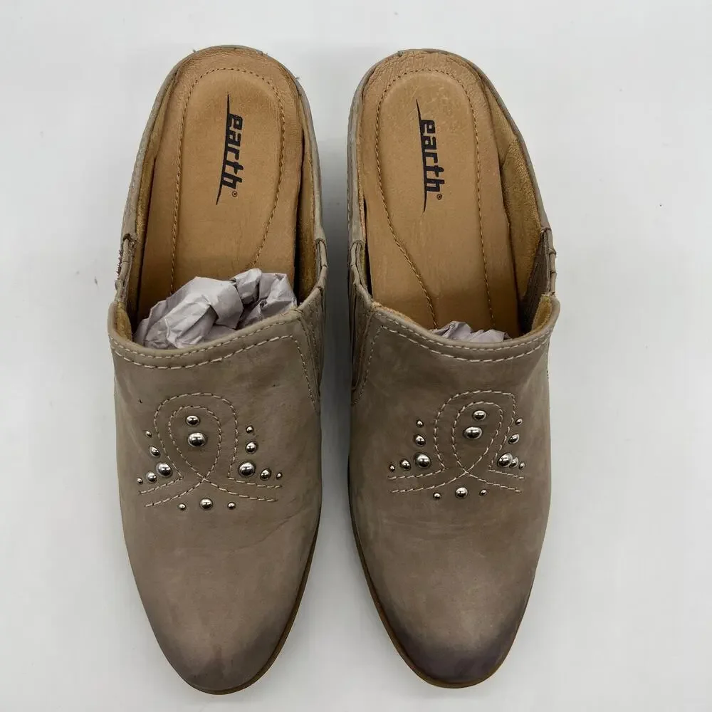 Earth Women's Size 9D Taupe Mules Nubuck Western Detailed